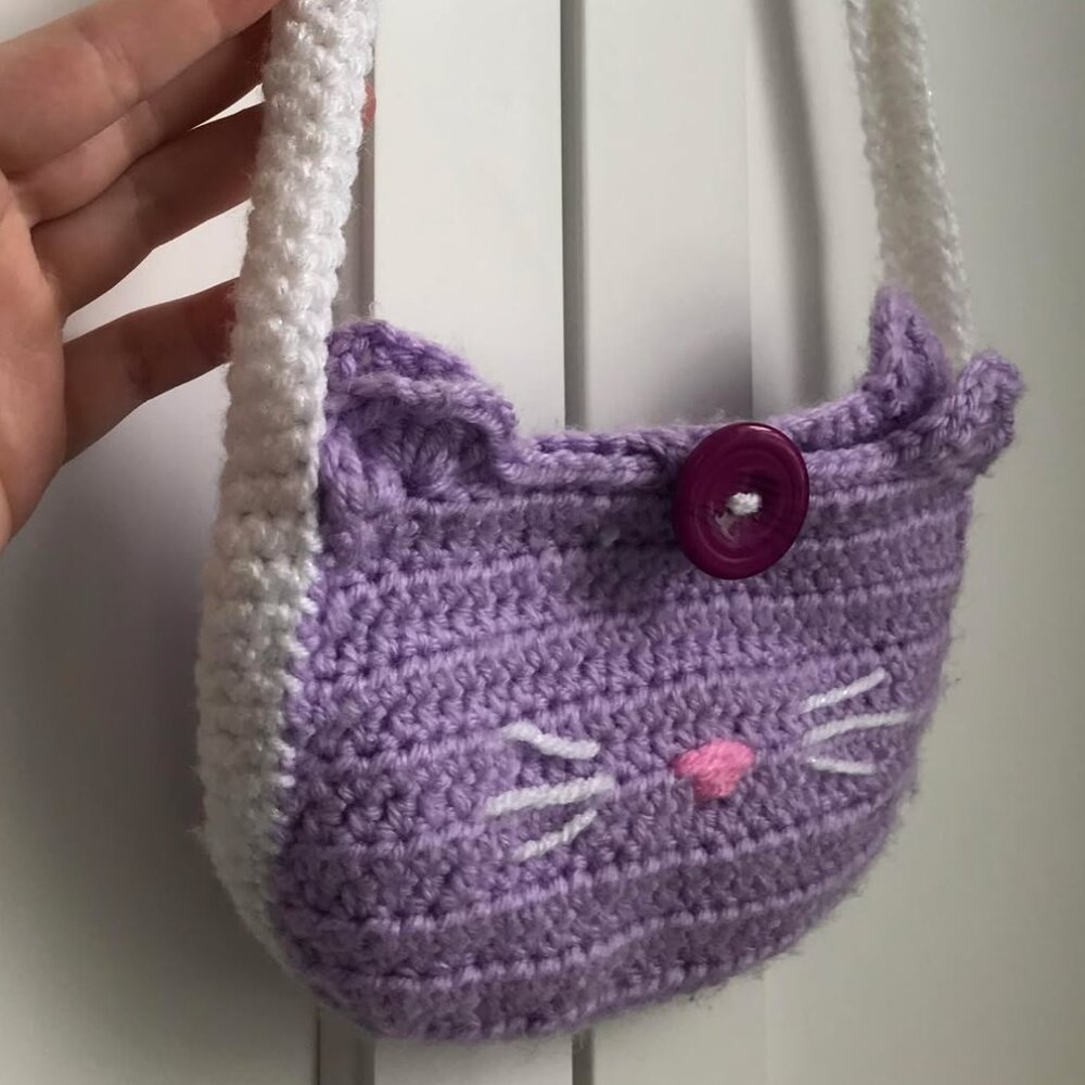 Crochet Kitty Cat Whiskers Side Body Bag Purple Girl Purse Handmade